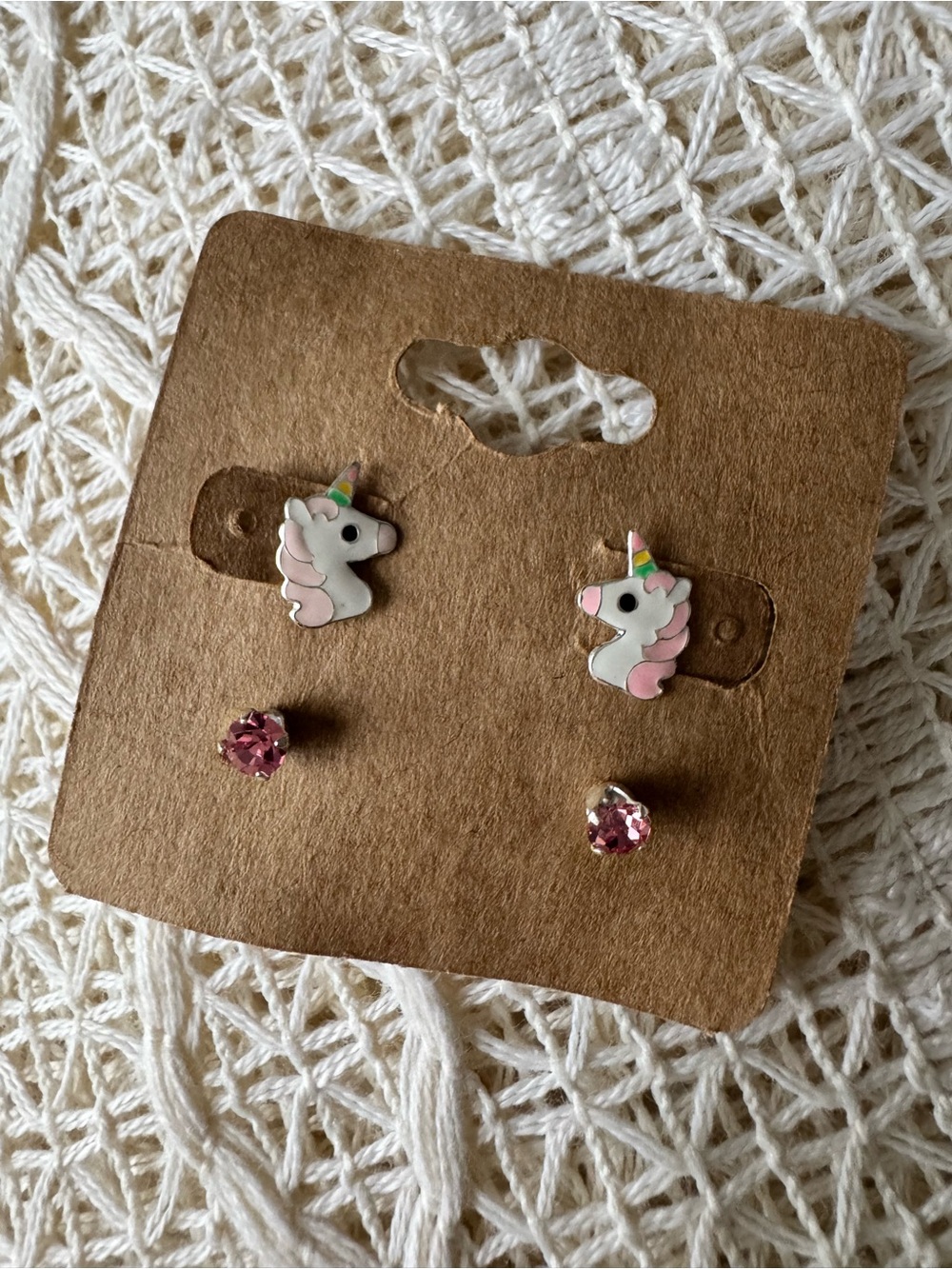 Girls Unicorn and Pink Crystal Stud Sterling Silver Earring Set